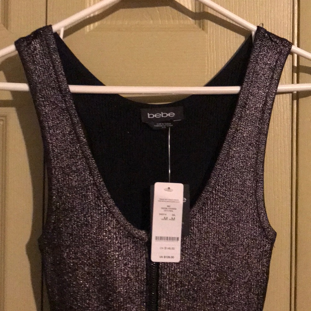 Metallic bebe dress front zip foiled dress